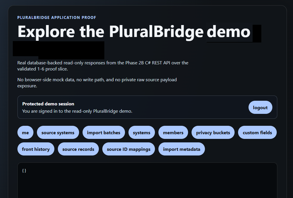 PluralBridge demo landing page showing read-only app sections.
