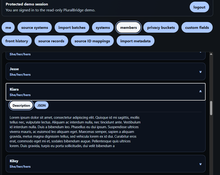 PluralBridge members view showing readable member records and descriptions.